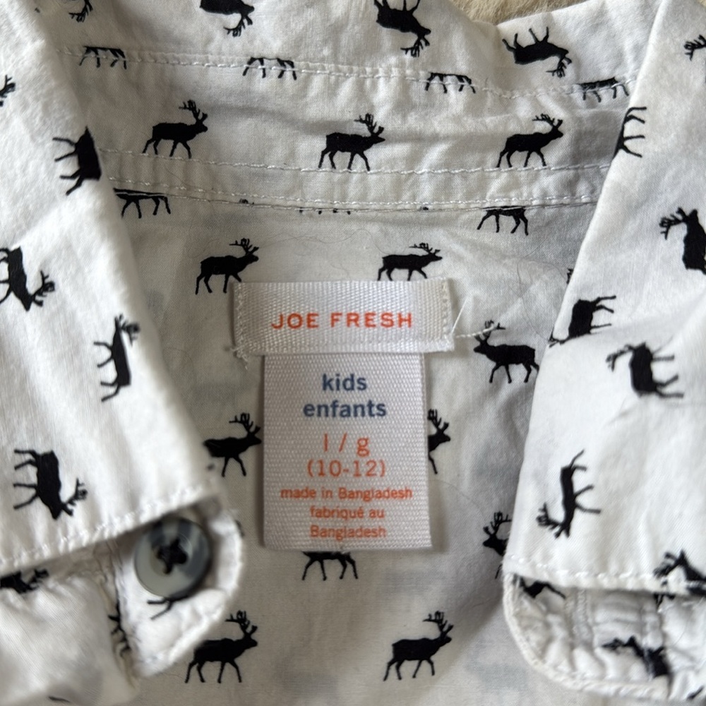 Joe Fresh Kids Button Down Shirt Short Sleeve White With Elk Large 10 / 12 - Picture 7 of 10